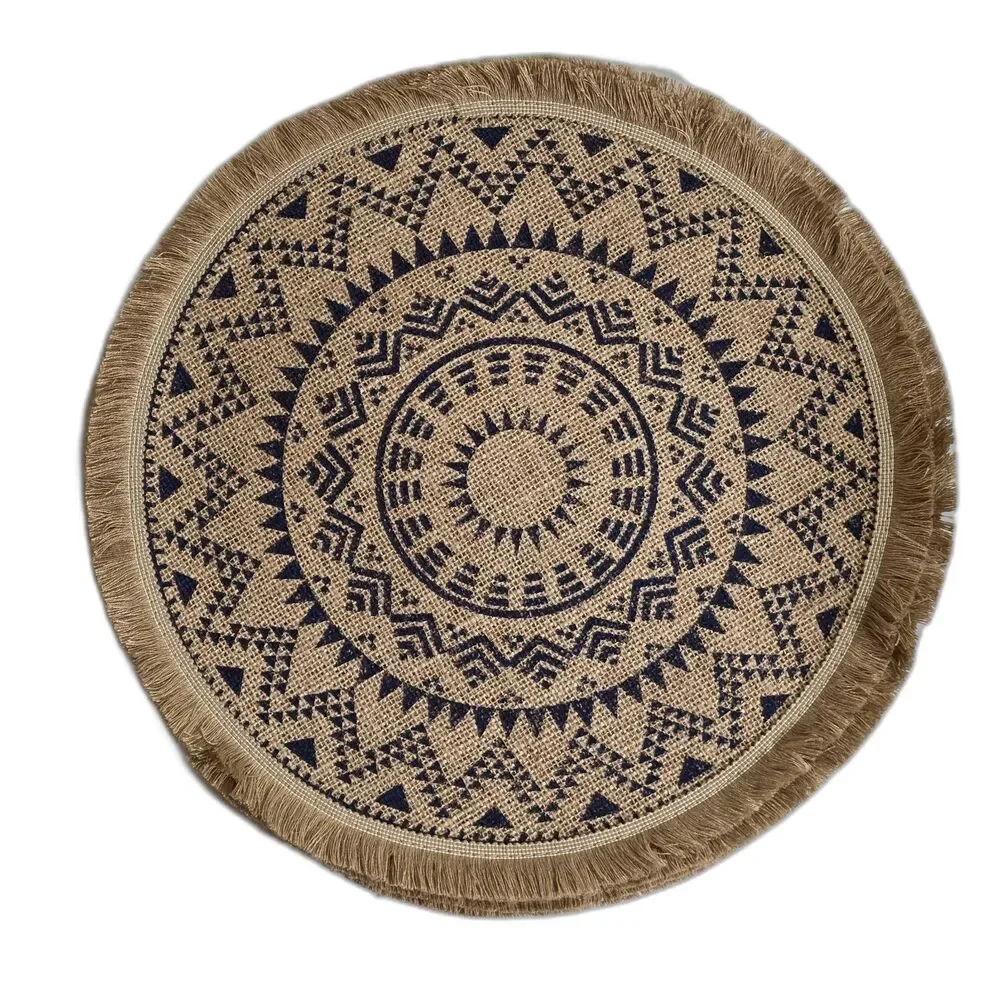 NWOT Boho Round Jute Placemats Navy Blue Mandala Fringed Set of 4 Thanksgiving